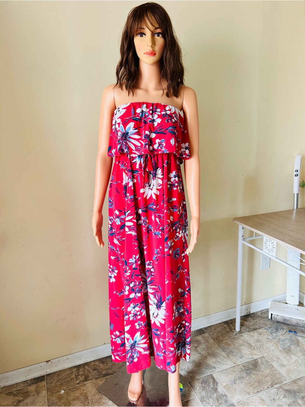 Strapless Floral Wide-Leg maxidress  - Red